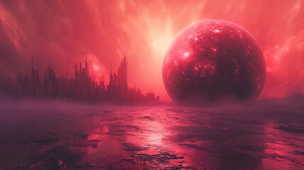 Wall Mural - cosmic landscape with rings around a planet and a glowing sun backdrop. generative ai