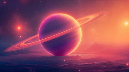 Wall Mural - cosmic landscape with rings around a planet and a glowing sun backdrop. generative ai