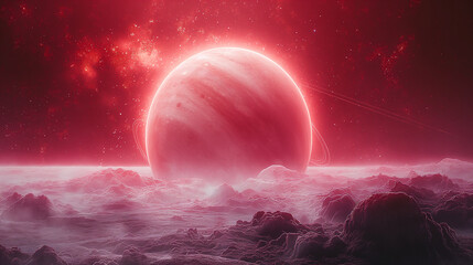 Wall Mural - cosmic landscape with rings around a planet and a glowing sun backdrop. generative ai