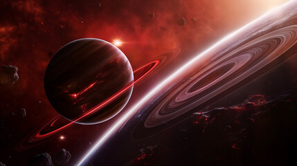Wall Mural - cosmic landscape with rings around a planet and a glowing sun backdrop. generative ai