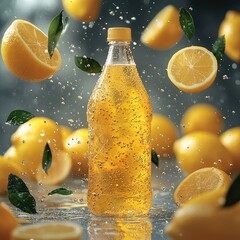 Poster - A bottle of lemon drink flying in the air, surrounded by splashes of liquid and lots of leaves floating around it.