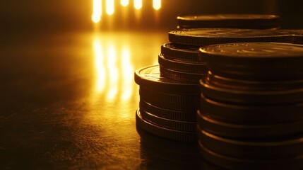 Poster - A conceptual close-up of stacked coins with a glowing upward financial chart in the background, representing personal finance and wealth building