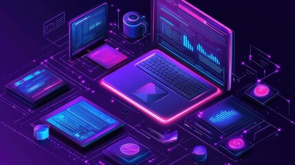 Poster - A conceptual digital workspace with glowing financial data, budget graphs, and savings progress, symbolizing organized financial planning and management tools