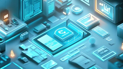 Poster - A conceptual digital workspace with glowing financial data, budget graphs, and savings progress, symbolizing organized financial planning and management tools