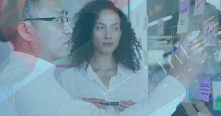Poster - Image of financial data processing over diverse colleagues discussing work in office