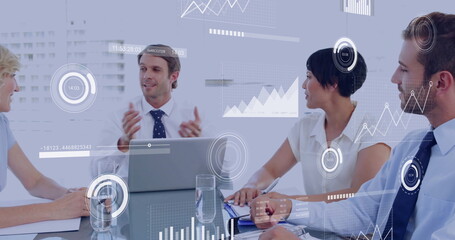 Poster - Image of financial data processing over diverse business people in meeting in office