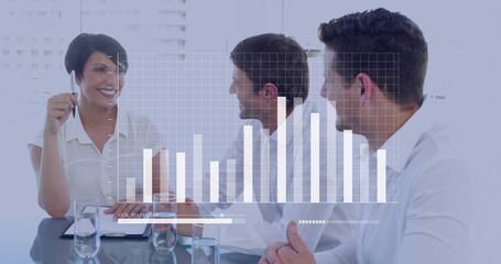 Poster - Image of financial data processing over diverse business people in meeting in office