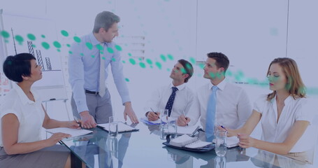 Poster - Image of financial data processing over diverse business people in meeting in office