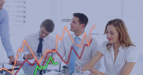 Poster - Image of financial data processing over diverse business people in meeting in office