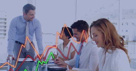 Poster - Image of financial data processing over diverse business people in meeting in office