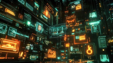 Poster - A conceptual digital workspace with glowing financial symbols, stock market data, and graphs, representing global investment analysis