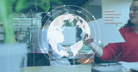Poster - Global network and data analysis image over business meeting in office