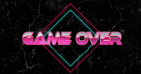 Poster - Game Over text image with neon geometric shapes on black textured background