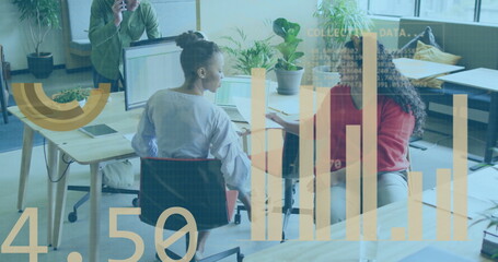 Poster - Business data and bar chart image over diverse colleagues discussing in modern office