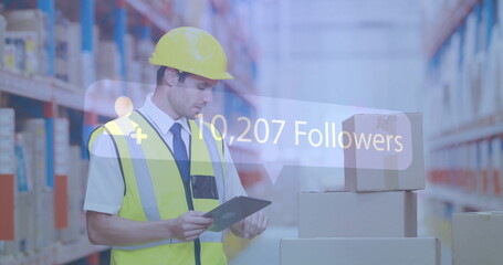 Poster - Warehouse worker using tablet over image showing 329,020 followers