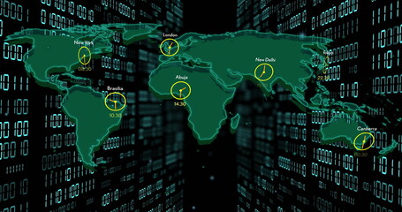 Poster - world map with city times image over binary code background