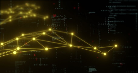Poster - network connections and data processing image over dark background with code