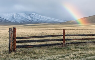 Wall Mural - Rustic wooden fence in a vast field with snow-capped mountains and a rainbow.