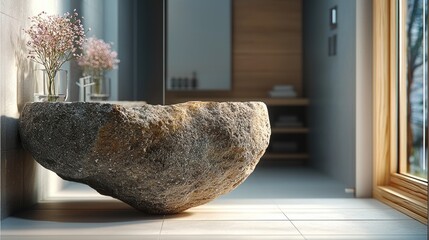 Poster - A sink made from rock is suspended in the air in a luxurious modern bathroom.
