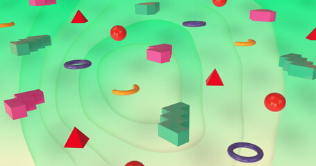 Poster - Geometric shapes floating over green background, abstract image