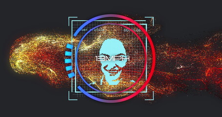 Poster - Digital face and speedometer image over abstract background with red and blue elements