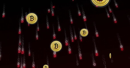 Poster - Bitcoin symbols and binary code image over dark background