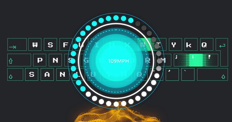 Poster - Speedometer showing 60MPH image over digital keyboard and abstract orange waves