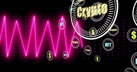 Poster - Crypto and NFT symbols image over black grid background