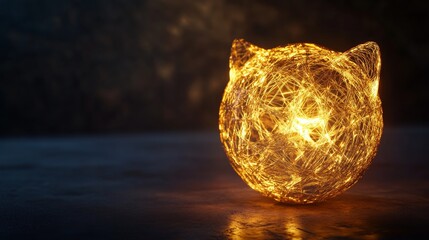 Wall Mural - 3D rendering of a cat-shaped shiny gold sphere made of thin wires with light and shadow on a black background