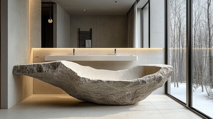 Poster - A sink made from rock is suspended in the air in a luxurious modern bathroom.