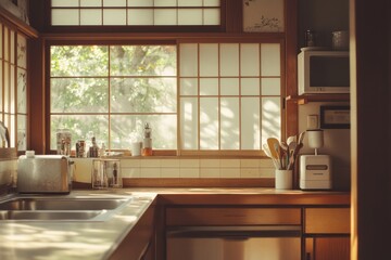 Wall Mural - Sunlit Kitchen with Shoji Screen Window and Wooden Cabinets