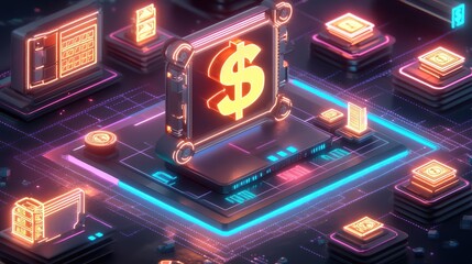 Poster - A digital workspace with glowing financial planning icons, showing charts, budget data, and savings goals, symbolizing the process of managing personal finances