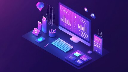 Poster - A digital workspace with glowing financial planning icons, showing charts, budget data, and savings goals, symbolizing the process of managing personal finances