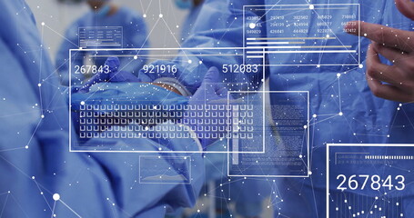 Poster - Image of data processing and diagrams over diverse surgeons in operating room