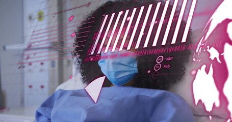 Poster - Image of data processing and diagrams over biracial female patient in hospital bed