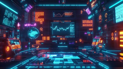 Poster - A futuristic digital financial screen with stock data, graphs, and glowing currency symbols, representing modern financial markets and investment