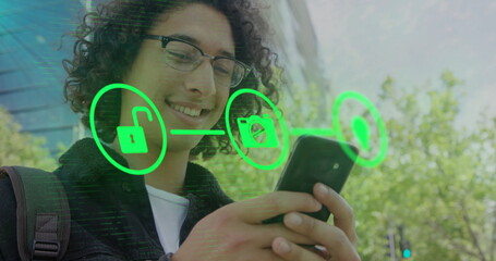 Poster - Image of network of connections with digital icons over biracial man using smartphone