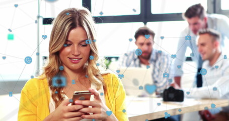 Poster - Image of network of connections with digital icons over caucasian businesswoman using smartphone