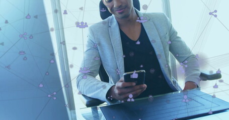 Poster - Image of network of connections with icons over biracial man using smartphone