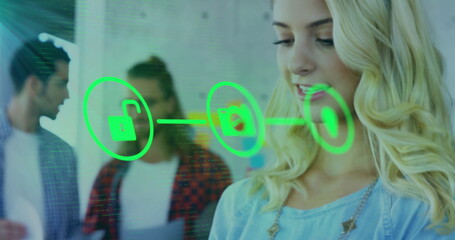 Poster - Image of network of connections with icons over caucasian woman using smartphone