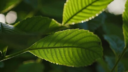 Poster - Close-up of green leaves with sunlight filtering through, nature and tranquility concept