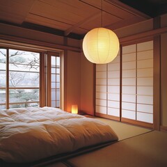 Wall Mural - Serene Japanese Bedroom with Paper Lantern and Tatami Mat