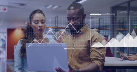 Poster - Image of financial data processing over diverse colleagues discussing work in office