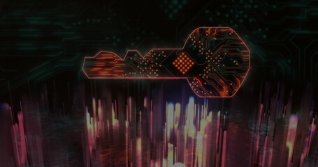Poster - Image of key icon with computer circuit board over light trails on black background
