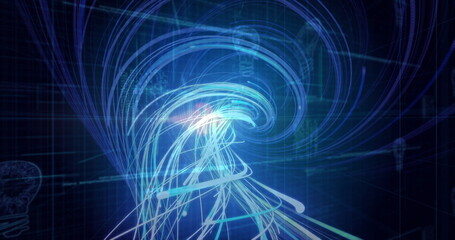 Poster - Image of light trails over data processing and light bulb on black background