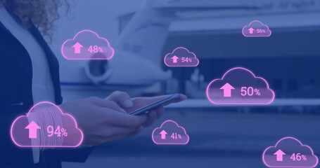 Poster - Image of cloud and percent growing over caucasian businesswoman using smartphone