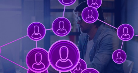 Poster - Image of network of connections with people icons over caucasian businessman in office