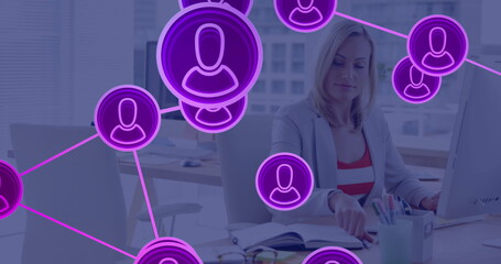 Poster - Network connections image over businesswoman working at desk in office