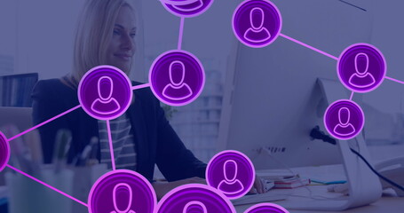 Poster - Image of network of connections with people icons over caucasian businesswoman in office