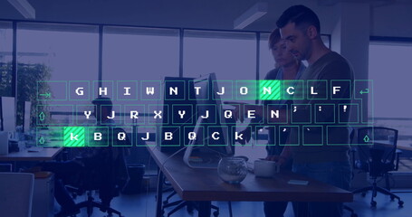 Poster - Image of data processing over diverse business people in office